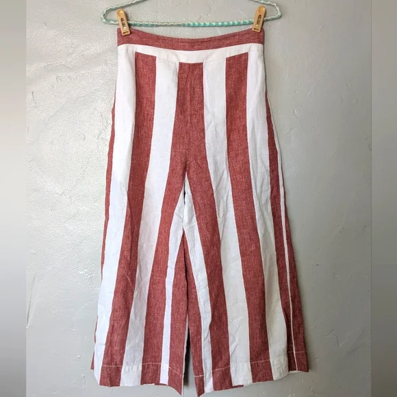 Madewell Linen Huston Striped Cropped Pants Red White XS Beach Vacation Brunch - Picture 2 of 4